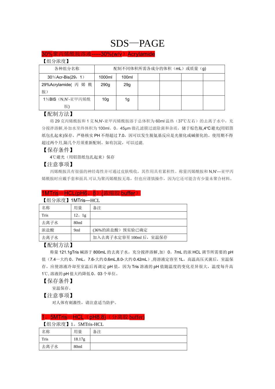 SDS-PAGE所有详细试剂配方_第1页