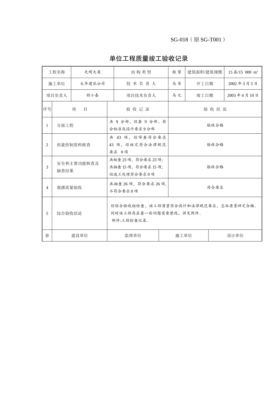 SG-018-单位工程质量竣工验收记录_第1页
