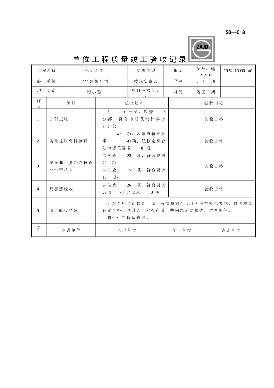 SG-018单位工程质量竣工验收记录_第1页