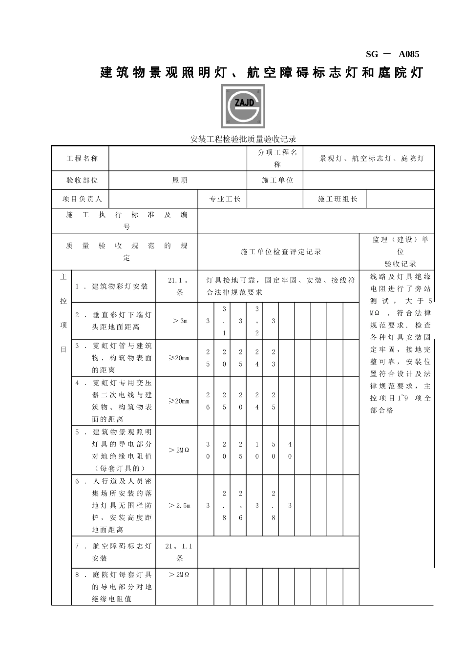 SG-A085建筑物景观照明灯、航空障碍标志灯和庭院灯安装工程检验批质量验收记录_第1页