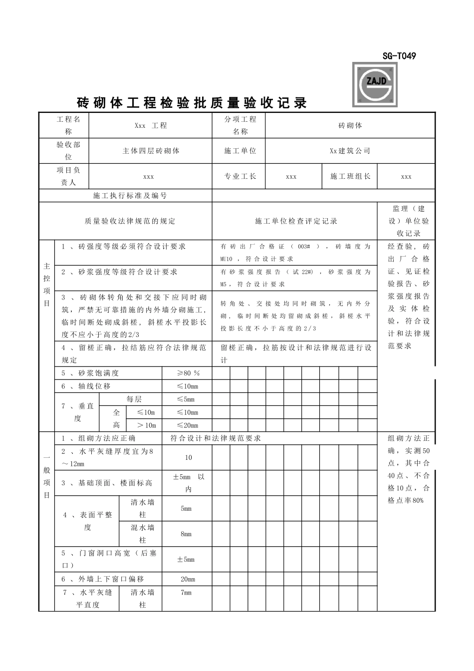 SG-T049砖砌体工程检验批质量验收记录_第1页