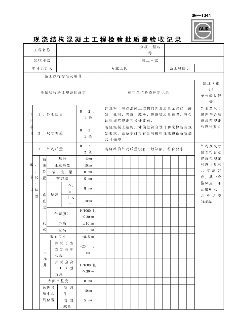SG-T044现浇结构混凝土工程检验批质量验收记录_第1页