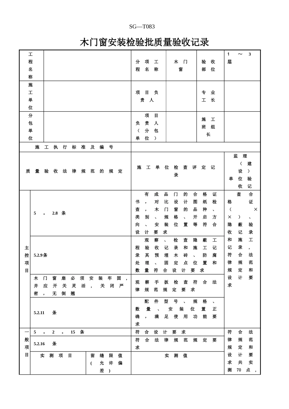 SG-T083木门窗安装检验批质量验收记录_第1页