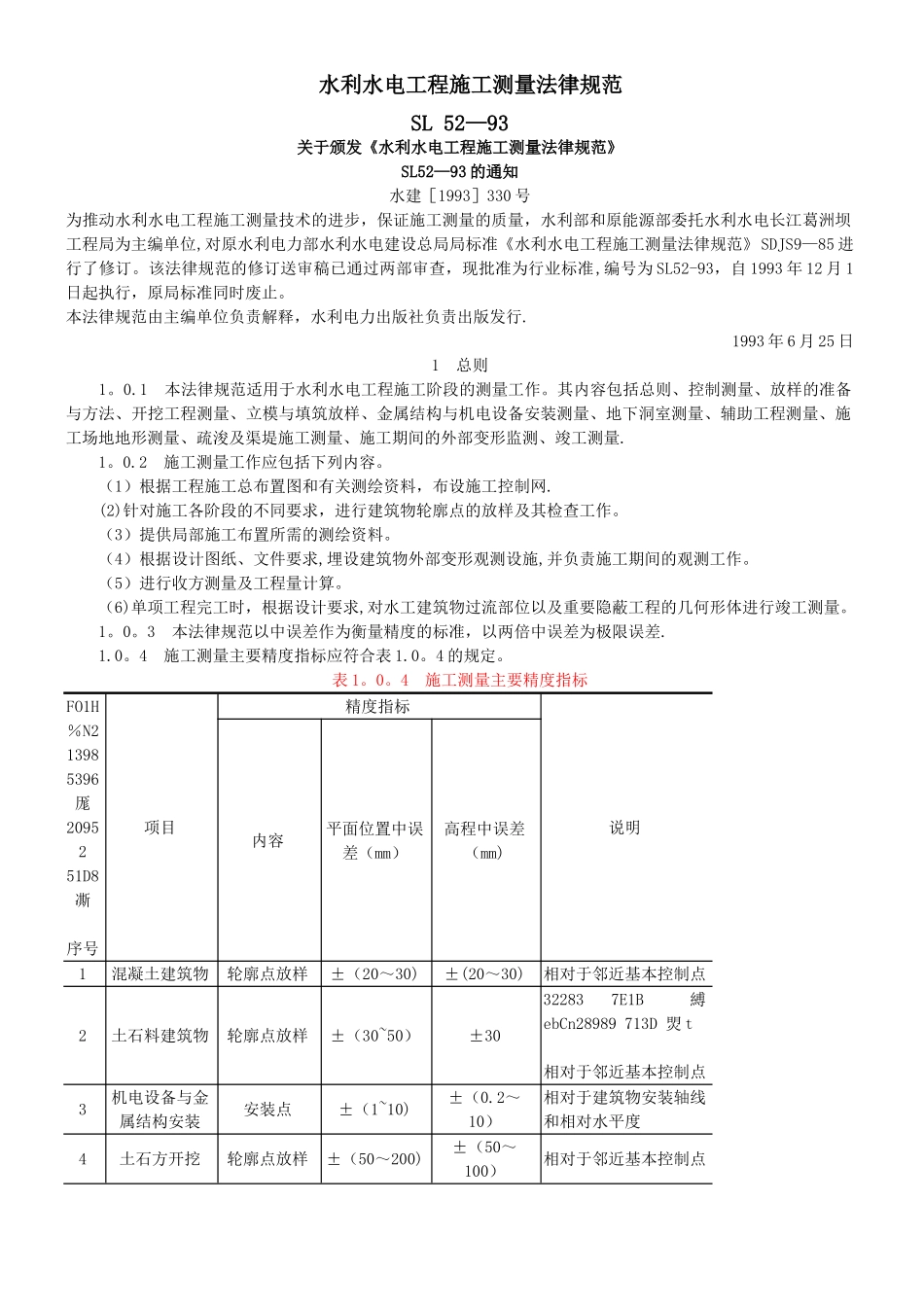 Sl52-93水利水电工程施工测量规范_第1页