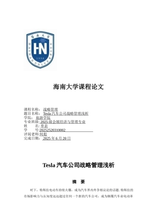 Tesla汽车公司战略管理浅析