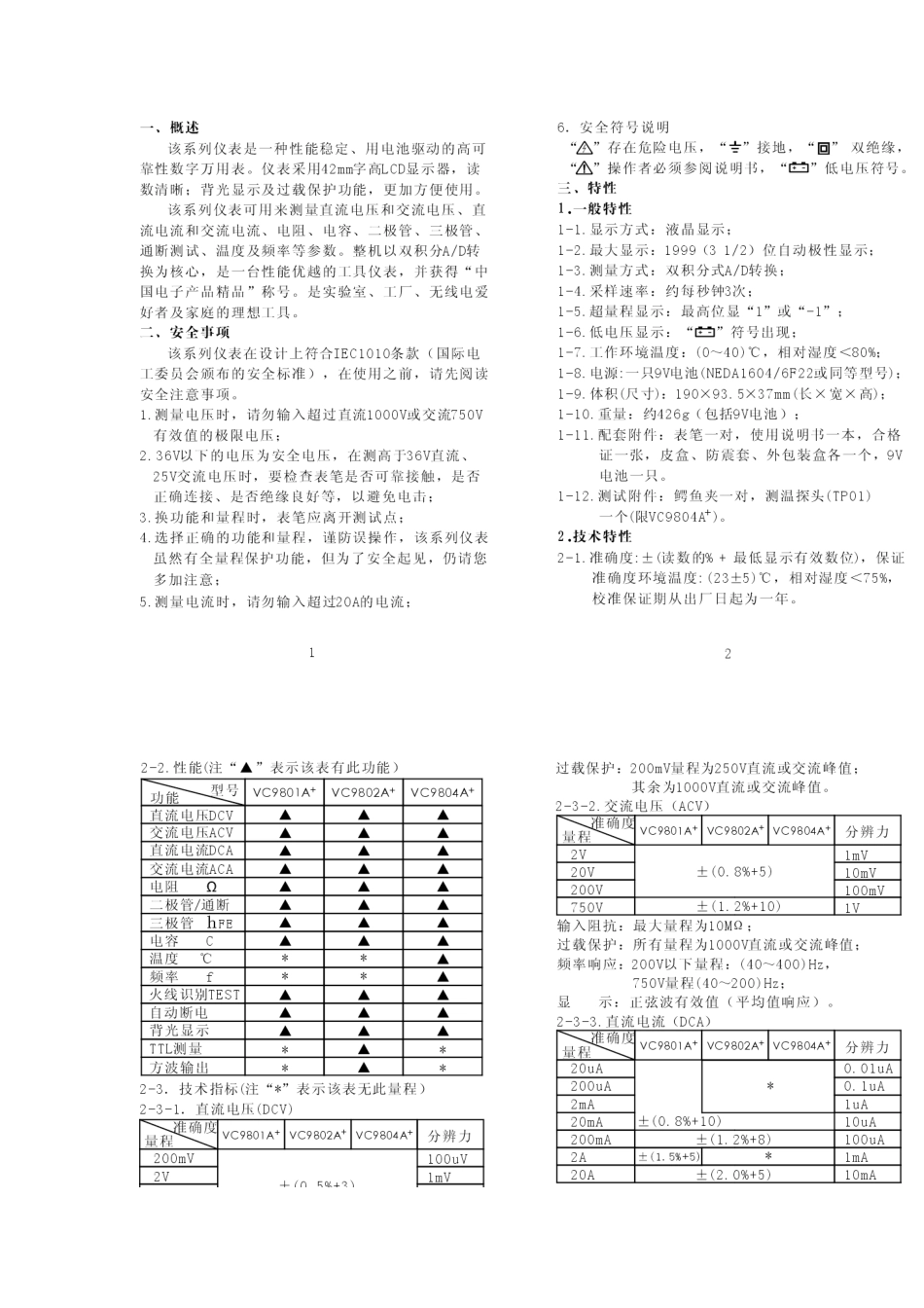 VC9801A+型万用表说明书_第1页