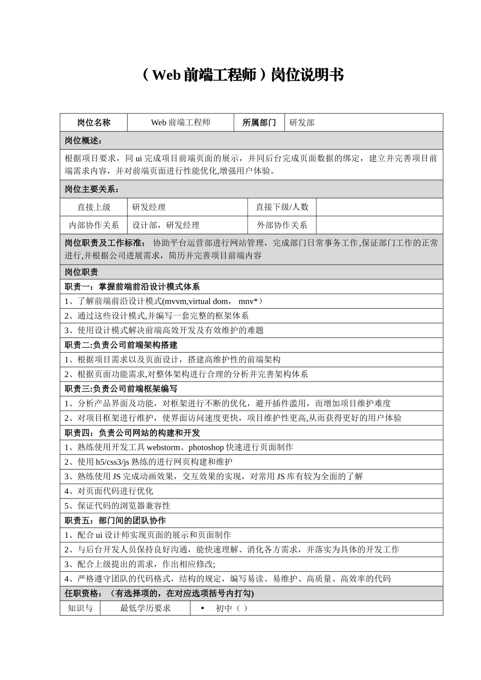 Web前端工程师-岗位说明书_第1页