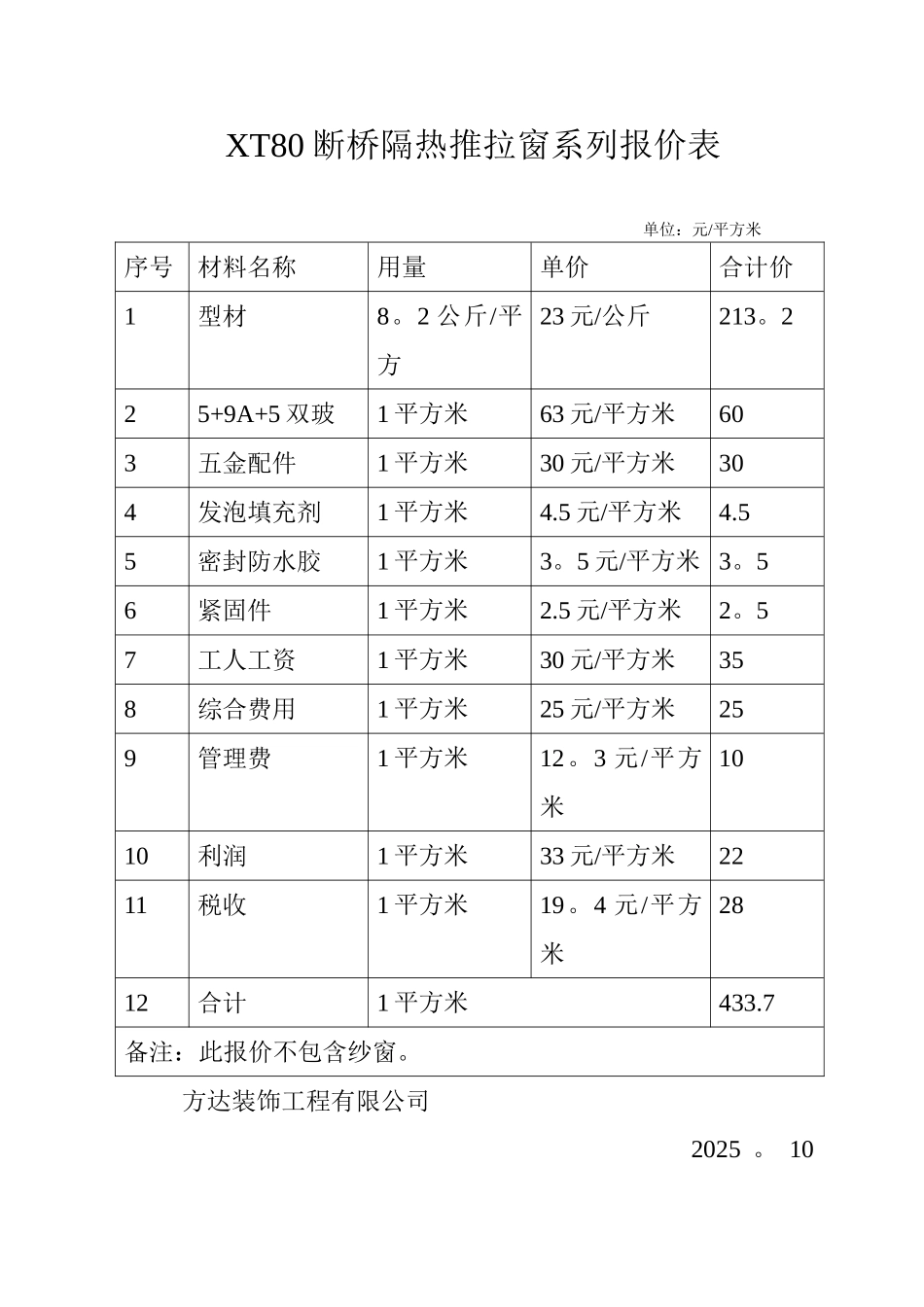 XT80断桥隔热推拉窗系列报价表_第1页