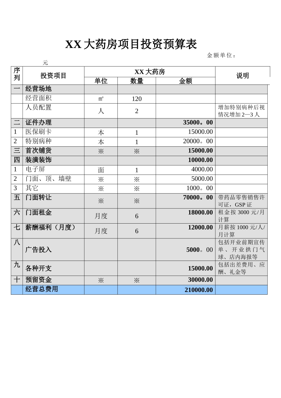 XXXX大药房项目投资预算表_第1页