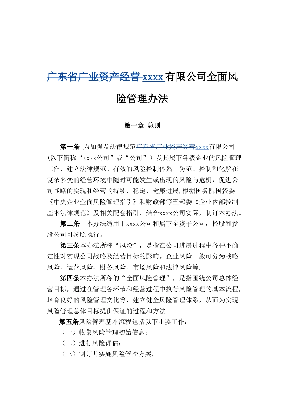 xxxx有限公司全面风险管理办法_第1页