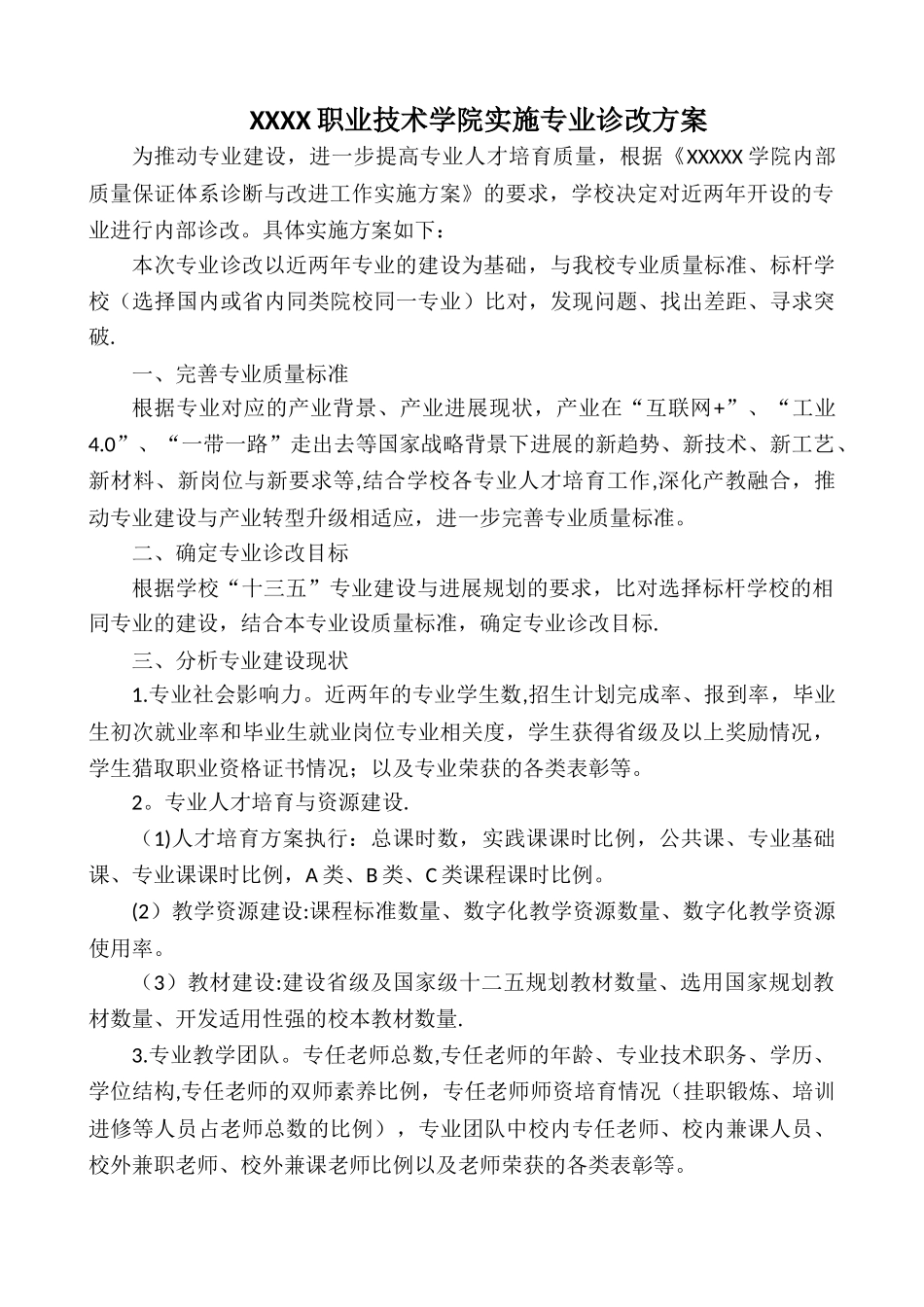 XXXX职业技术学院实施专业诊改方案_第1页