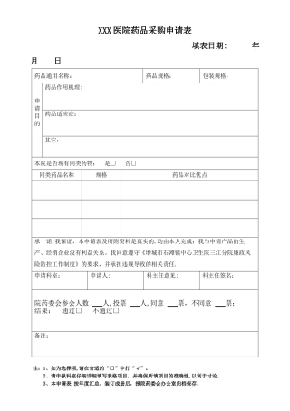 XXX医院药品购买申请表