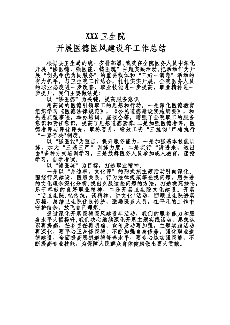 XXX卫生院医德医风工作总结_第1页