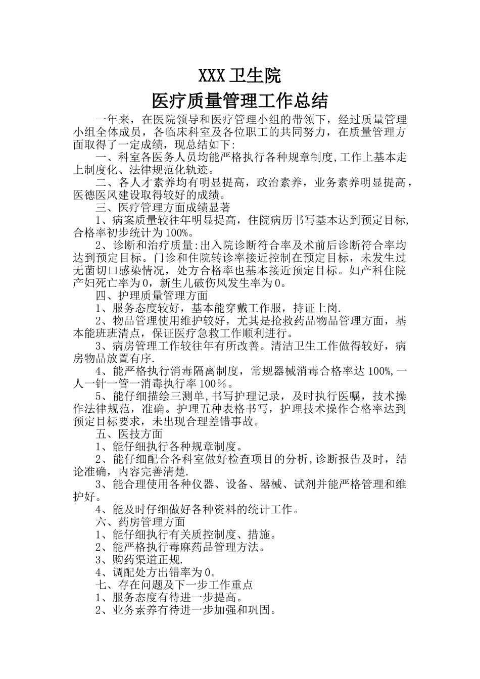 XXX卫生院医疗质量管理工作总结_第1页