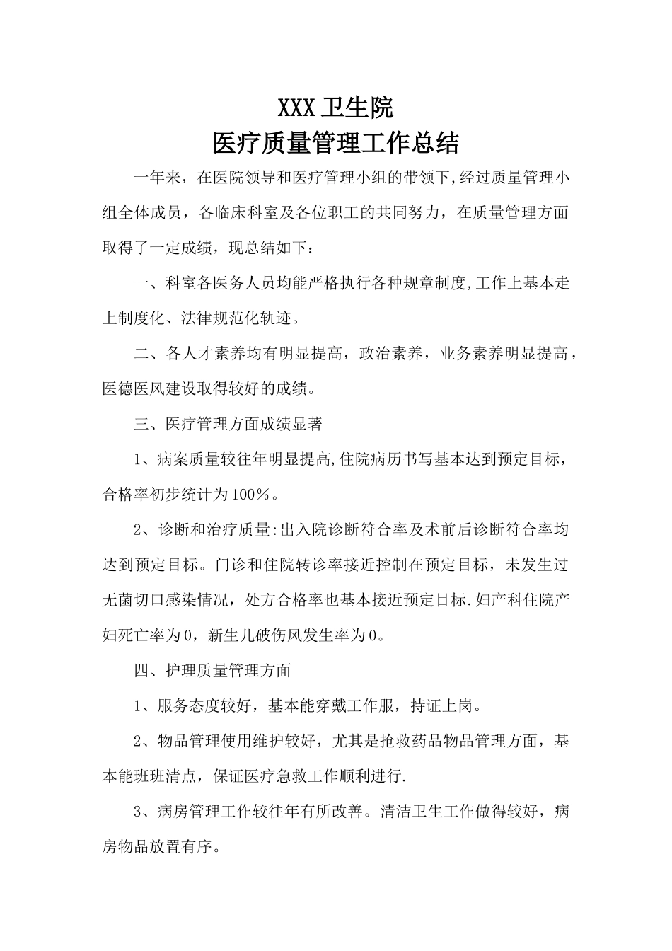 XXX卫生院医疗质量管理工作总结_第1页