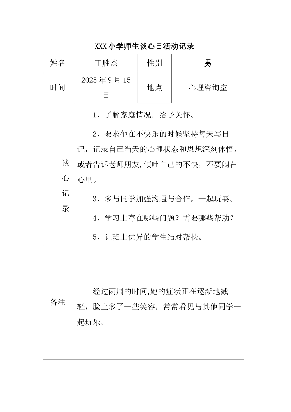 XXX小学师生谈心日活动记录_第1页