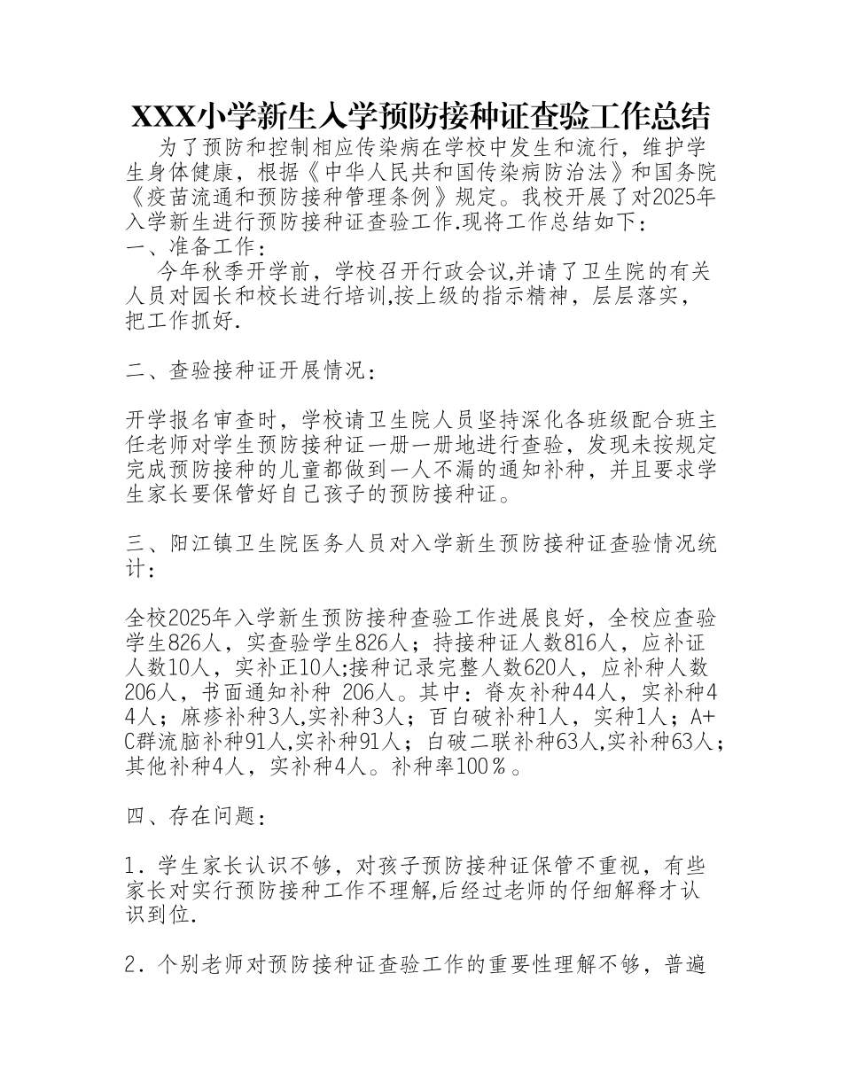 XXX小学新生入学预防接种证查验工作总结_第1页