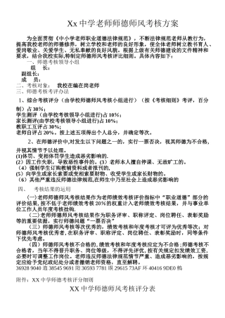 XX中学教师师德师风考核方案