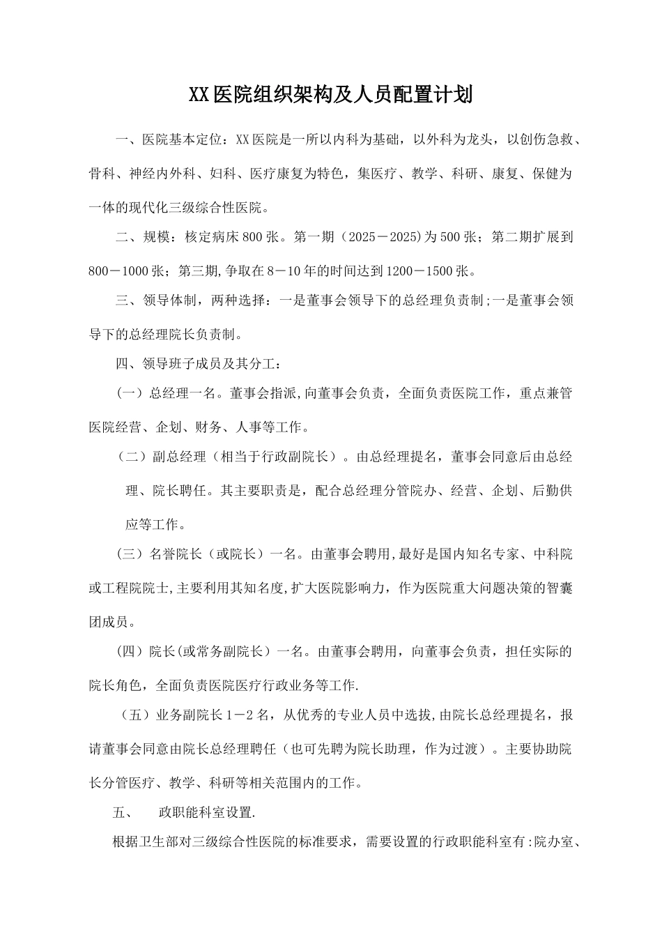 XX医院组织架构及人员配置计划_第1页