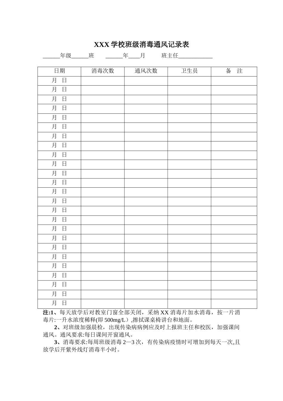 XX学校消毒通风记录表_第1页