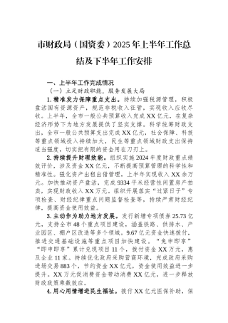 市财政局（国资委）2025年上半年工作总结及下半年工作安排