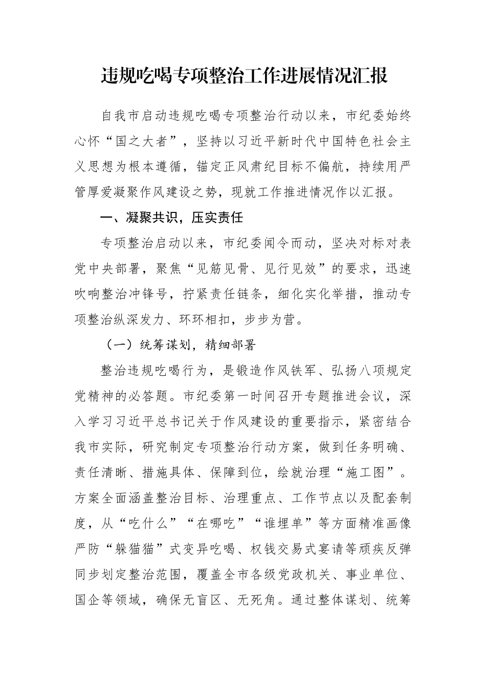 市纪委违规吃喝专项整治工作进展情况总结汇报_第1页