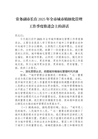 常务副市长在2025年全市城市精细化管理工作季度推进会上的讲话