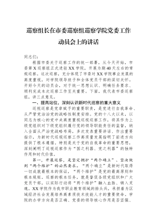 巡察组长在市委巡察组巡察学院党委工作动员会上的讲话