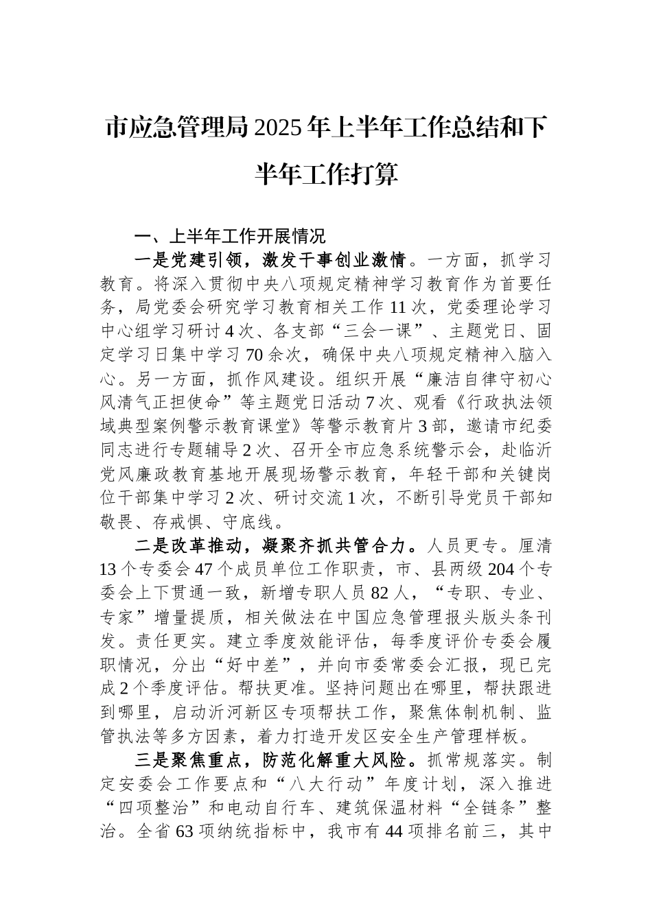 市应急管理局2025年上半年工作总结和下半年工作打算_第1页