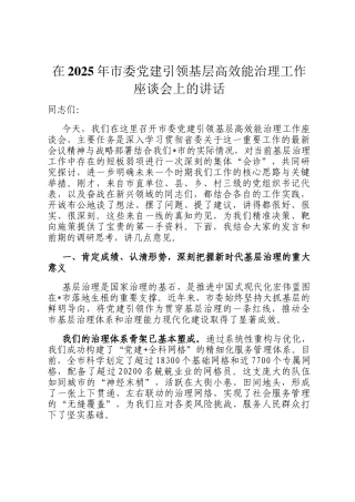 在2025年市委党建引领基层高效能治理工作座谈会上的讲话