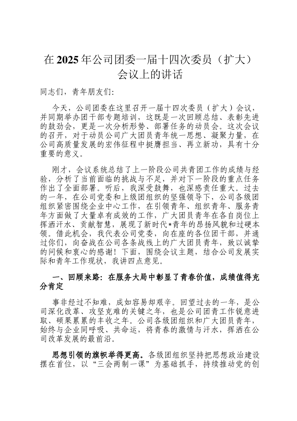 在2025年公司团委一届十四次委员（扩大）会议上的讲话_第1页