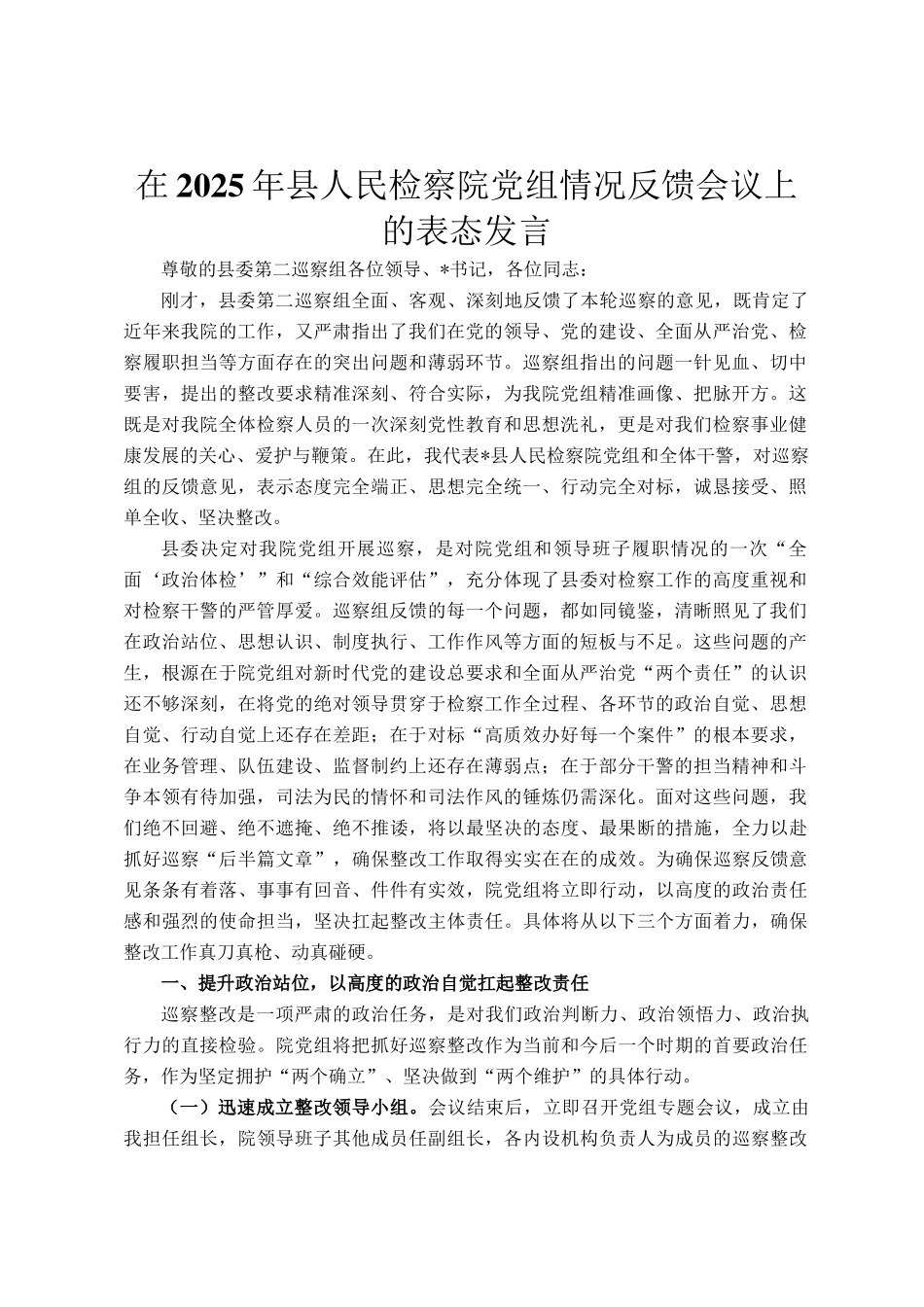 在2025年县人民检察院党组情况反馈会议上的表态发言_第1页