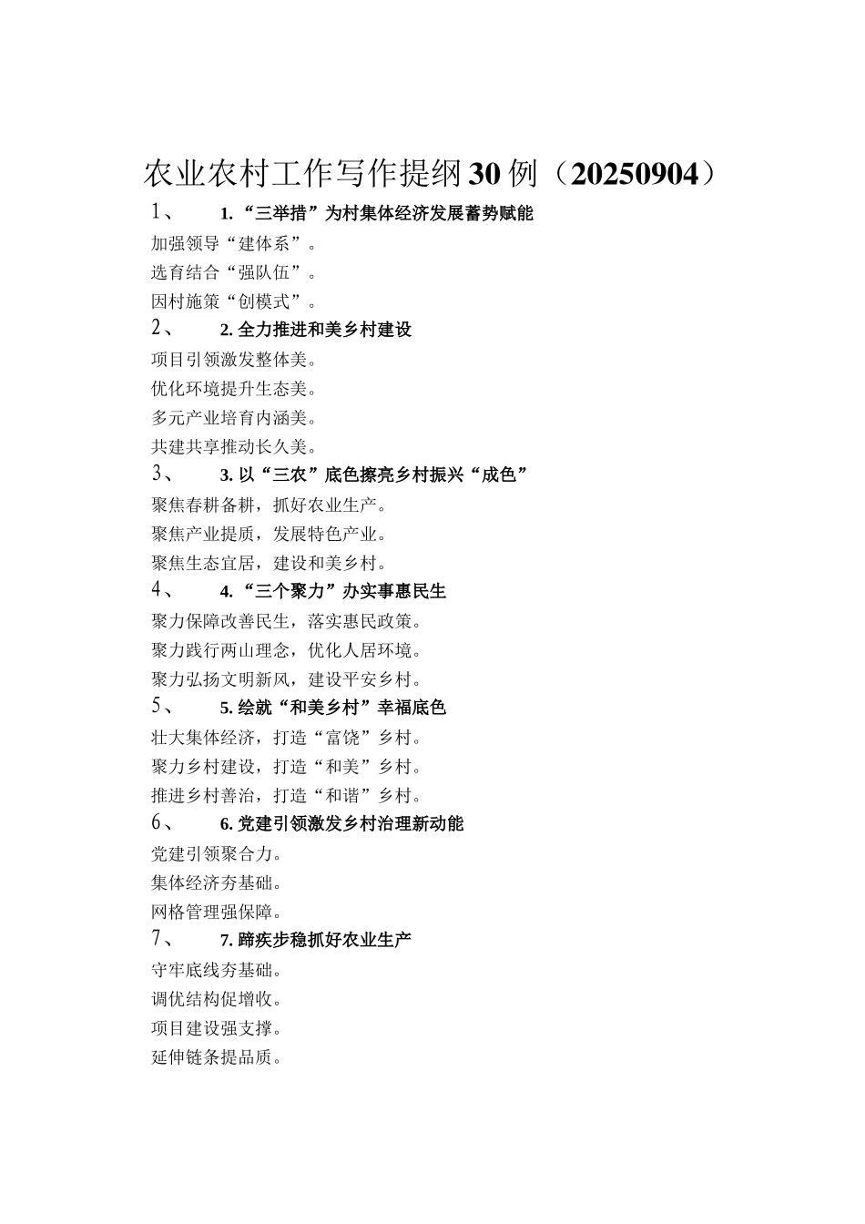 农业农村工作写作提纲30例（20250904）_第1页