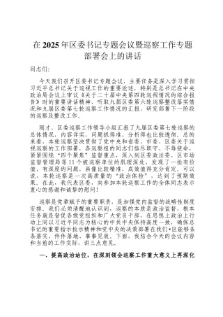 在2025年区委书记专题会议暨巡察工作专题部署会上的讲话