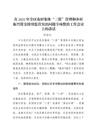 在2025年全区农村集体“三资”管理和乡村振兴资金使用监管突出问题专项整治工作会议上的讲话