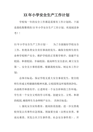 XX年小学安全生产工作计划