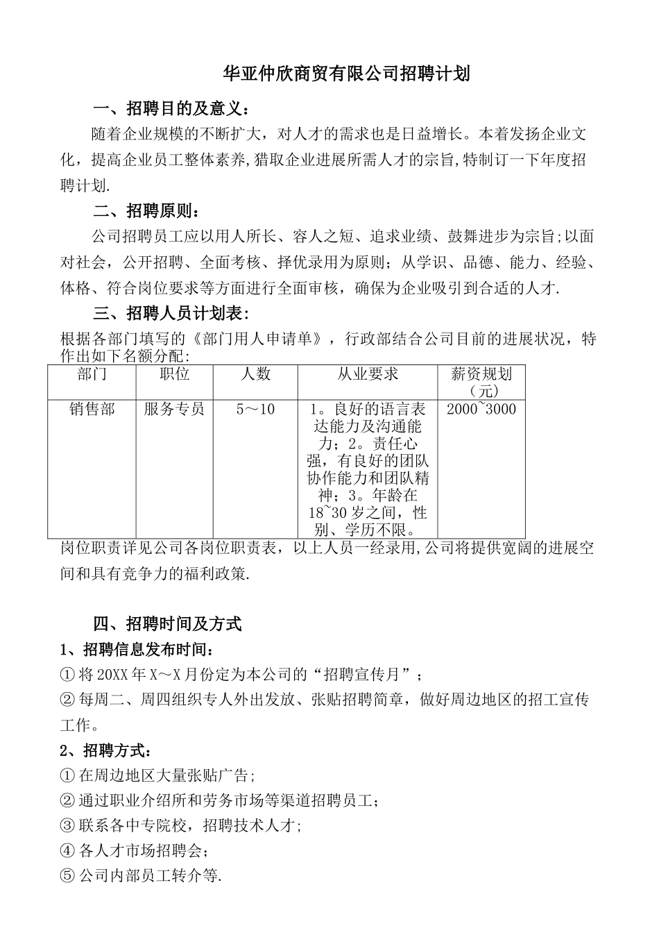 xx有限公司招聘计划精简版_第1页