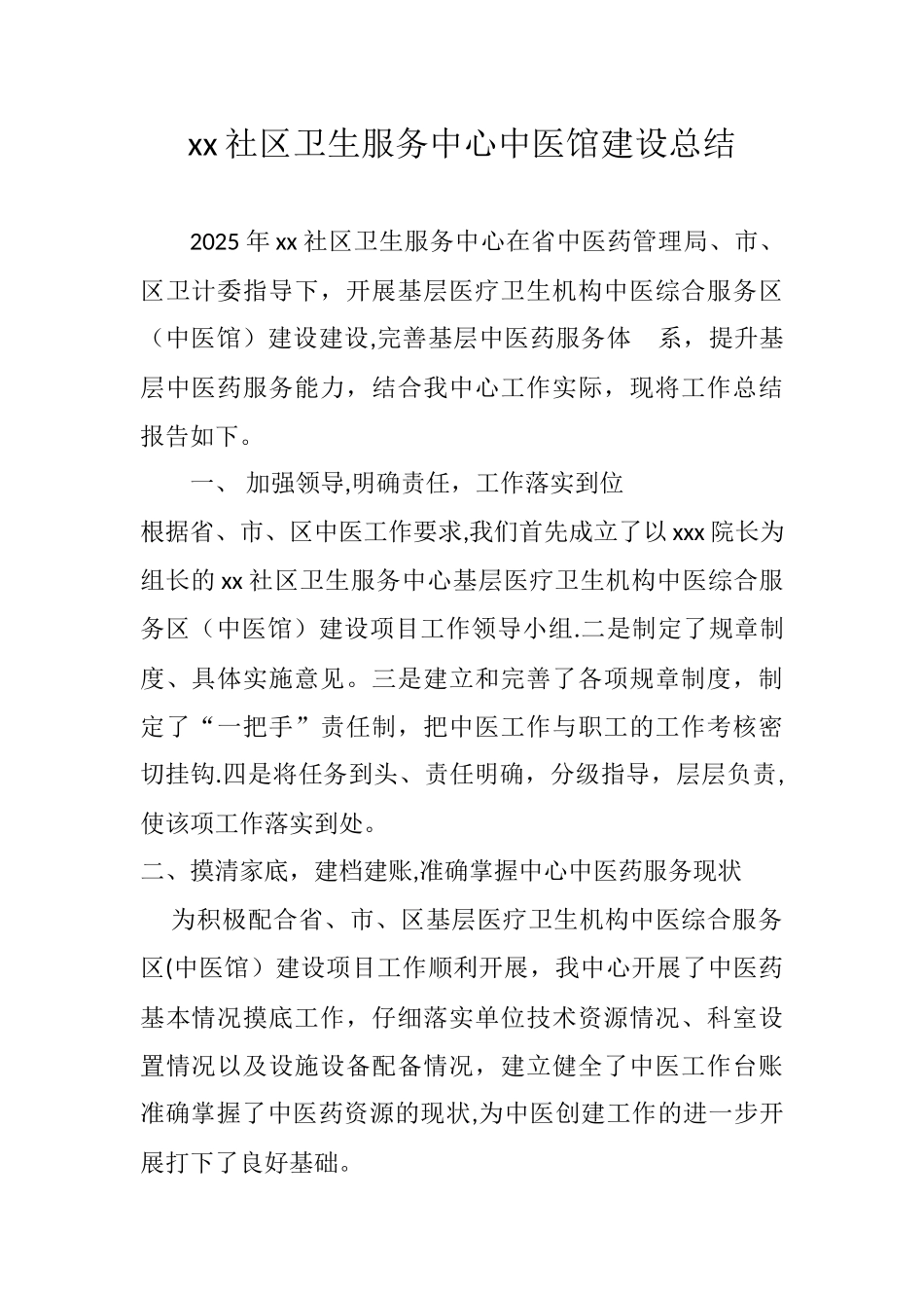 xx社区卫生服务中心中医馆建设总结_第1页