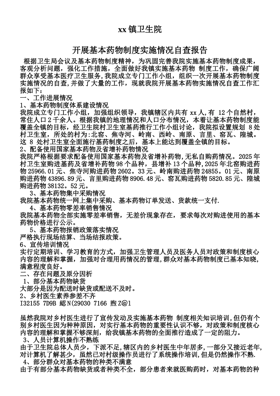 xx镇卫生院开展基本药物制度实施情况自查报告_第1页