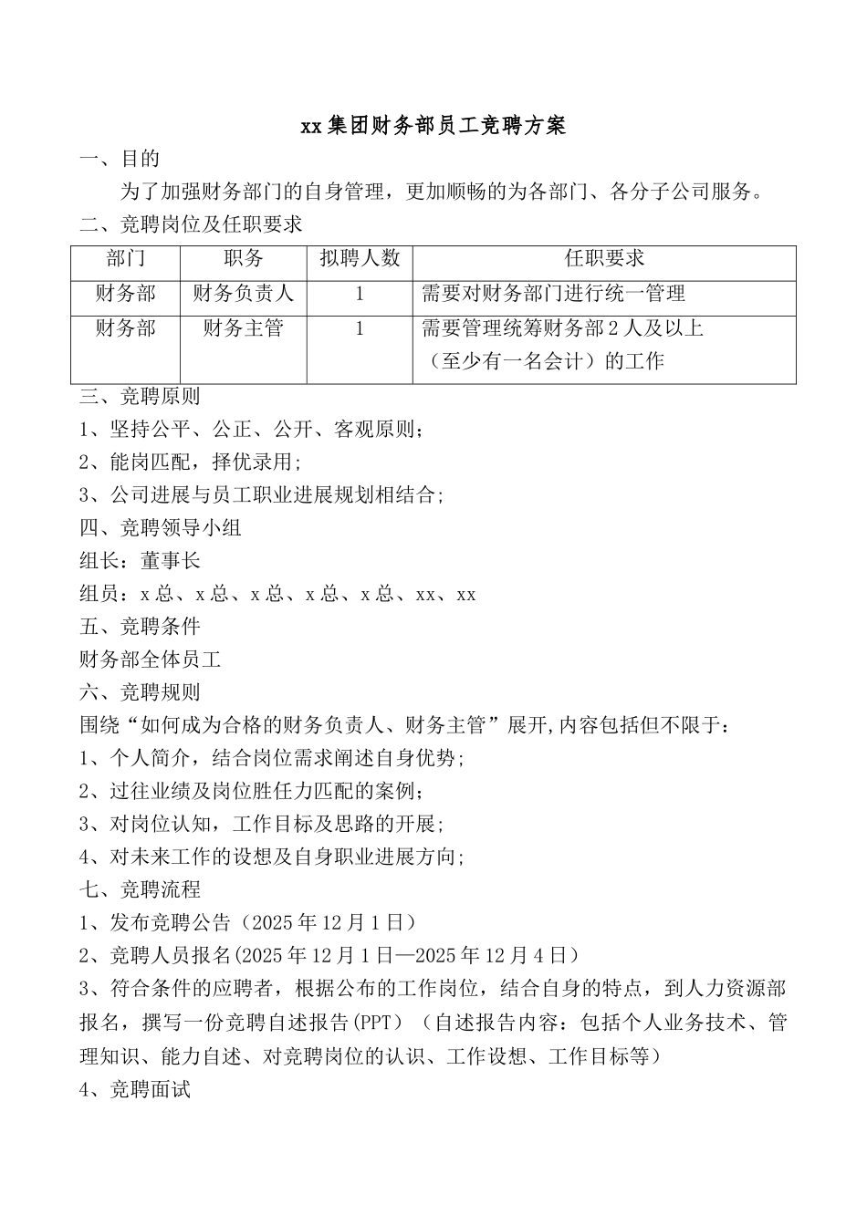xx集团财务部员工竞聘方案_第1页