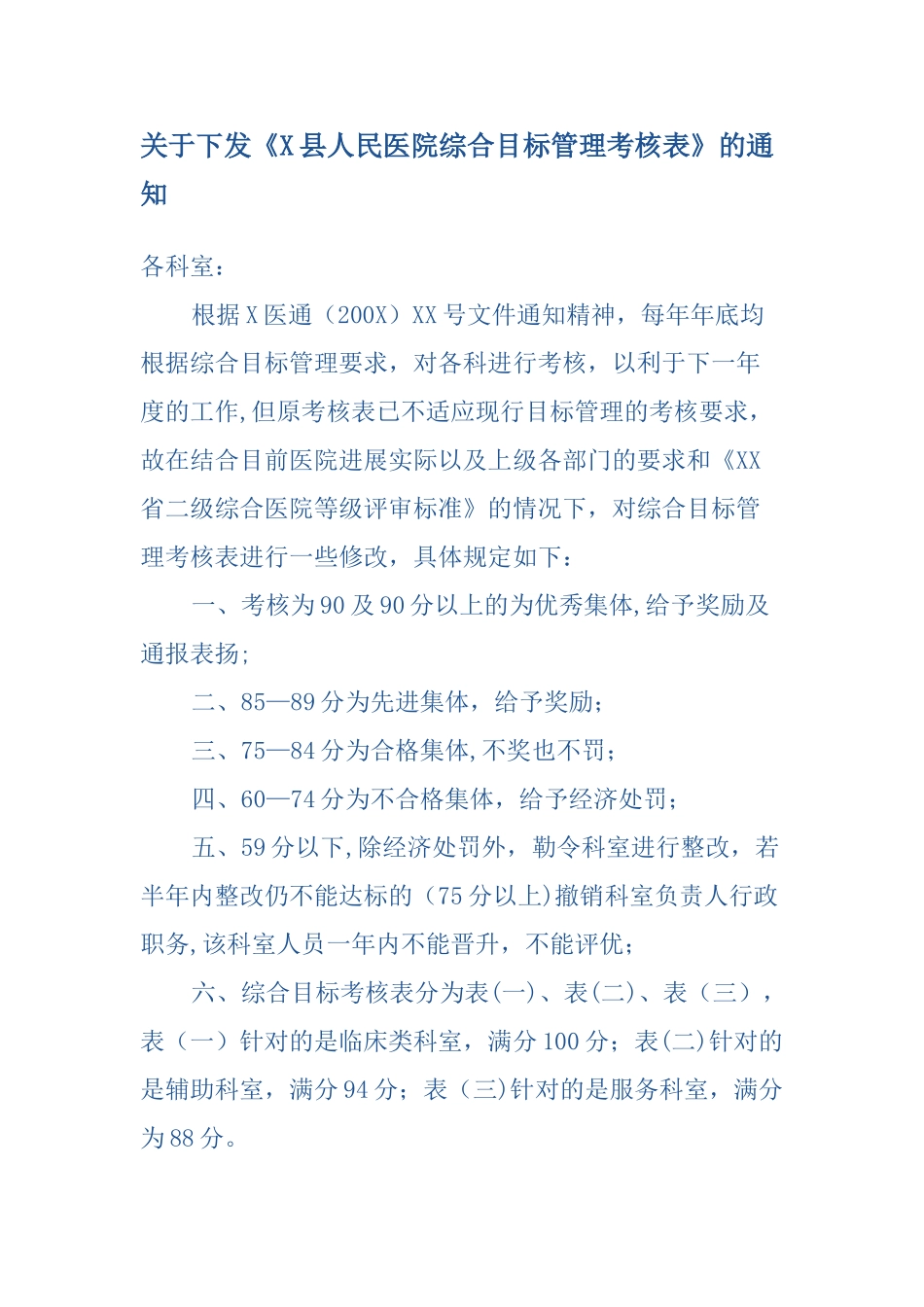X县人民医院综合目标管理考核表)_第1页