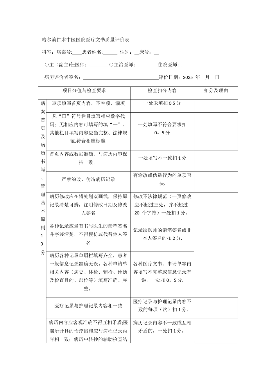 ××××医院医疗文书质量评价表_第1页