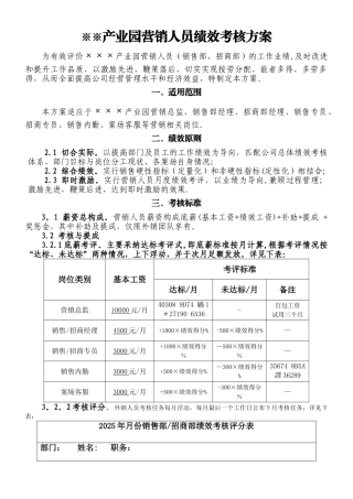 ×××产业园营销人员绩效考核方案