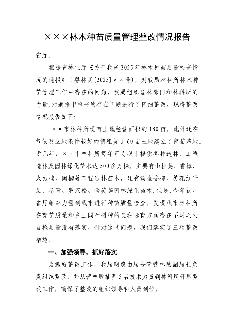 ××市林木种苗质量管理整改情况报告_第1页