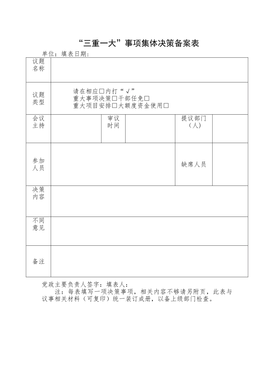 “三重一大”事项集体决策备案表_第1页