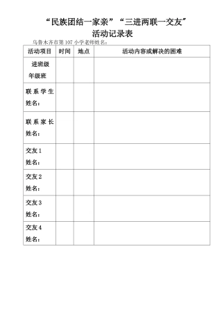”民族团结一家亲“”三进两联一交友”活动记录表
