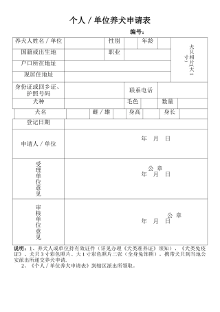 《个人／单位养犬申请表》