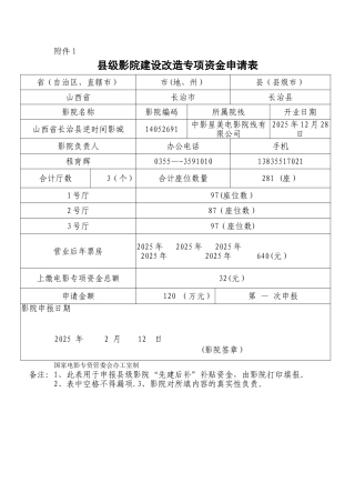 《县级影院建设改造专项资金申请表》