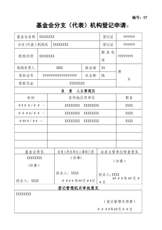《基金会分支代表机构登记申请表》样表