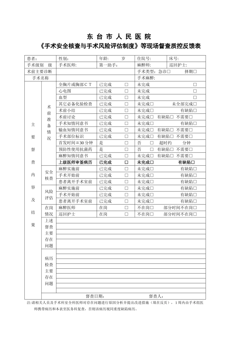 《手术安全核查与手术风险评估制度》等现场督查质控反馈表_第1页